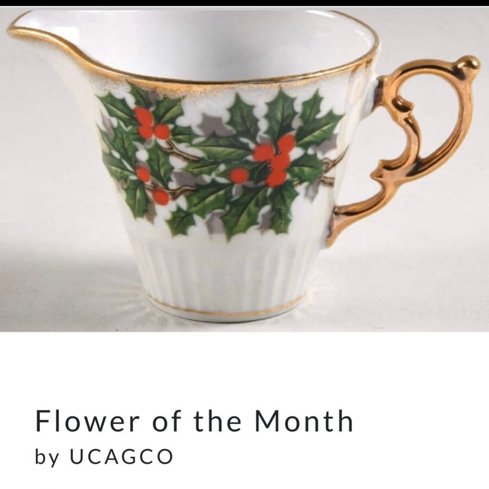 One Ucagco “Flower of The Month” Holly and Berry Collection Porcelain creamer.